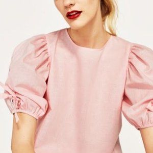 ZARA Pink Puff Sleeve Linen Blouse, XS